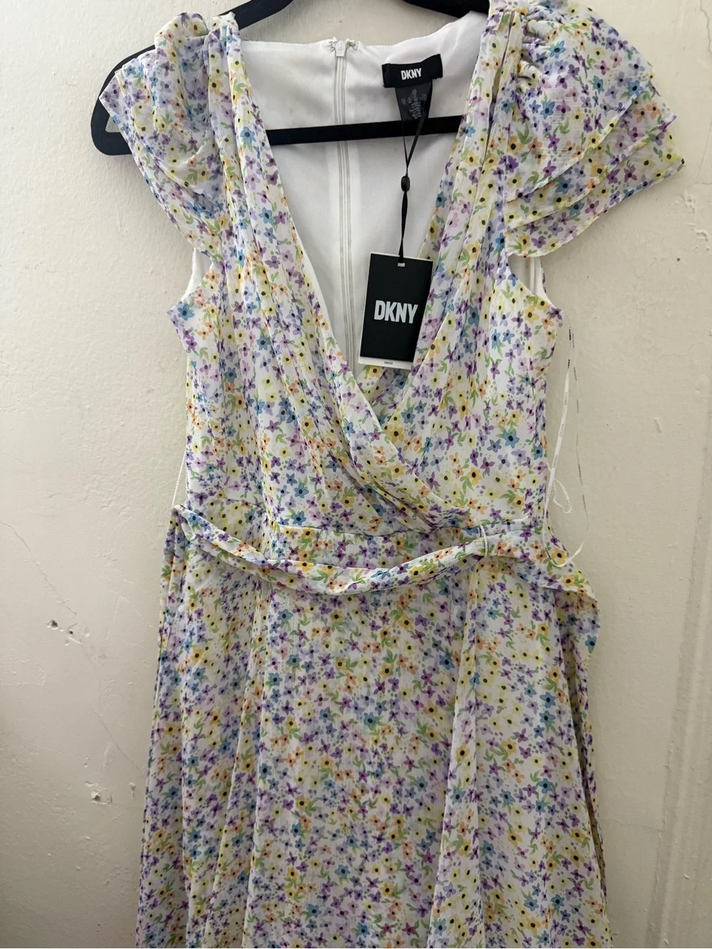DKNY White Floral Wrap Dress with Purple, Yellow and Blue Accents